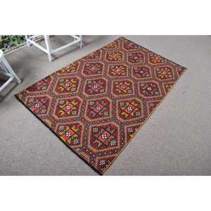 Alfombra Turca de 3.6x5.3 pies, Alfombra Sólida Roja y Azul de Lana - Product Image 1