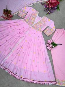 Attractive Fashionable Faux Georgette Anarkali Gown Heavy Embroidery Sequence & Real Mirror Hand Work Gown & Bottom With Dupatta - Product Image 4