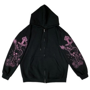 Versión coreana 2025 nueva ropa de calle con cremallera manga Rosa estampado sudaderas con capucha compras Casual Color negro sólido suave y cálido Simple Y2K - Product Image 4