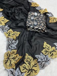 Indiase Boetiekontwerper Satijn <span class=keywords><strong>Chiffon</strong></span> Zijde <span class=keywords><strong>Saree</strong></span> Exclusieve Chique Nieuwste Georgette Premium Kwaliteit <span class=keywords><strong>Saree</strong></span> Sari Premium Kwaliteit - Product Image 4