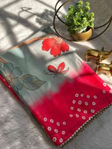 Sari Indio de Seda Makhmali Suave para Mujer, Hermoso Kalmakari con Borde de Encaje Samosa Plateado Bandhani - Product Image 2