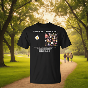 T-shirt con versetto biblico Isaia e design sul retro 'Il tuo piano e il piano di Dio' - Abbigliamento promozionale a tema fede - Product Image 3