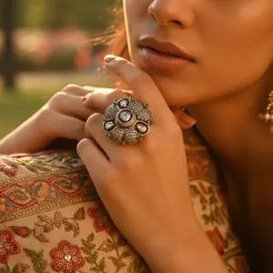 Anillo de Mujer con Diseño Floral, Chapado en Oro, con Diamantes y Esmeraldas, Anillos de Moda - Product Image 2