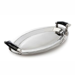 Plateau de service ovale de luxe en argent avec poignées en résine de marbre noir, plat décoratif en acier inoxydable pour hôtel, mariage et maison - Product Image 3