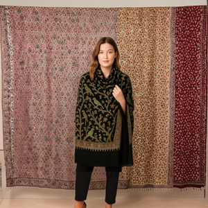 Premium Wool Blend Pashmina <b>Shawl</b> <b>Black</b> Kashmiri Luxury Winter <b>Wrap</b> with Elegant Hand-Embroidered Bird Floral Design Soft Warm - Product Image 3