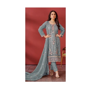Beau costume Salwar en fausse georgette avec broderie lourde tenue de style pakistanais avec Dupatta parfait pour une tenue de fête - Product Image 1