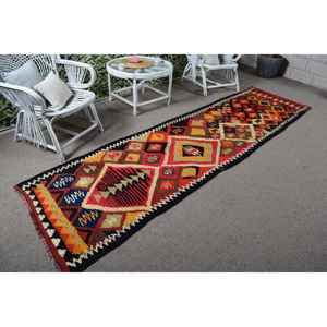 Alfombra Turca de 2.9x10.6 pies, Alfombra Vintage de Lana Marroquí Roja y Azul - Product Image 1