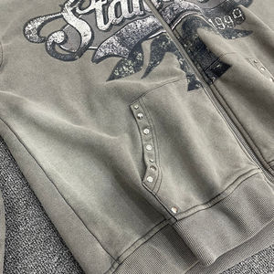 Custom Distressed Washed <b>Thick</b> Cotton Vintage Zip up Hoodies Custom Screen Printing Heavyweight Sun-faded Rhinestone <b>Men</b> <b>Hoodie</b> - Product Image 2