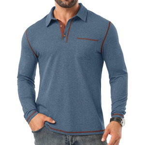 Chemises polo pour hommes à manches longues personnalisables pour le printemps/été, tissu jersey respirant avec motif uni à col montant - Product Image 3