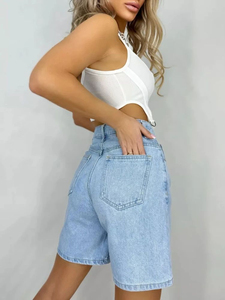 Shorts de Mezclilla para Mujer, Cintura Alta, Estilo Desgastado y Roto, Lavado Vintage, Shorts Casuales de Verano, Tejido Elástico - Product Image 3