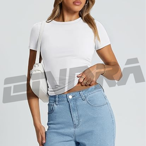 Camiseta ajustada de manga corta de Color sólido para mujer, Camiseta básica de verano con cuello redondo, ropa de calle informal suave, estilo de tendencia - Product Image 2