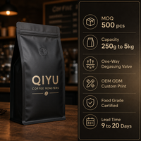 Sachet d'emballage de café personnalisé à fond plat, pochette à soufflet latéral avec valve et fermeture éclair, haute barrière