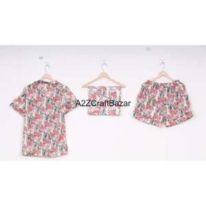 Ensemble de pyjama en coton non tissé à manches courtes à motif floral pour l'été, imprimé, 100% coton, doux, respirant, vêtements de nuit pour tous les jours pour les filles - Product Image 6