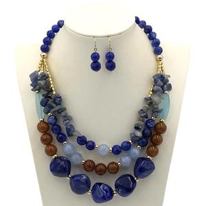 Nouveau collier vintage multicouche en résine perlée avec pendentif en pierre naturelle bleue et marron, parure de bijoux plaqué or pour femme pour les soirées - Product Image 4