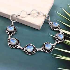 Rainbow Moonstone Sterling Silver Luxury Tennis Shape GIA Certified Platinum Plated Adjustable <b>Charm</b> <b>Bracelet</b> Handmade Jewelry - Product Image 2