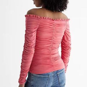 Camisa Casual de Hombro Descubierto para Mujer, Tendencia Mundial, Manga Larga, Diseño Plisado Estampado de Invierno, Transpirable, Tejido Ecológico - Product Image 6