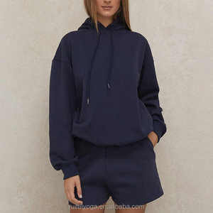 Logo personnalisé 100% coton polaire Jersey poids lourd femmes 2 pièces surdimensionné sweat à capuche et short de survêtement ensemble - Product Image 2