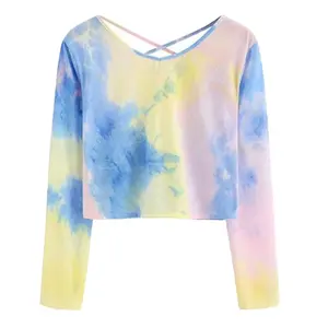 New Fashion Women Breathable Full Sleeve Crop Solid Tops T Shirts Summer Fashion Tie Dye Clothing Crop Top Full Sleeve T Shirt