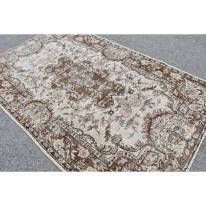 พรมขนสัตว์สีน้ำตาลเบจแบบดั้งเดิมคลาสสิกงานเย็บปะสไตล์ตุรกีโบราณขนาด5.6x8.9ฟุตงานแฮนด์เมดสำหรับห้องนอนห้องโถงน้ำยาง - Product Image 4