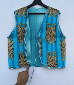 Handmade Cotton Reversible Hip Hop Puffer Waistcoat <b>Women</b> Breathable Leopard Printed V-Neck Front Open Jacket Sustainable Stripe - Product Image 5