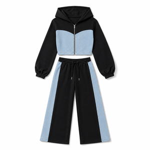 Ensemble de survêtement décontracté pour femme en 100 % polyester, deux pièces, avec sweat à capuche court à manches longues et pantalon de jogging large, style streetwear color block - Product Image 1