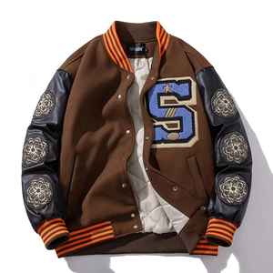 Men's Winter Woolen Design Varsity <b>Jacket</b> Thick Leather Sleeves Warm Baseball <b>Parka</b> Coat Stand Hip Hop Style Canvas Patchwork - Product Image 6
