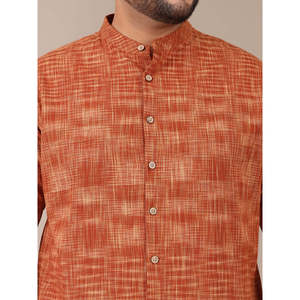 Amanush <b>Men's</b> Tan Brown Texture Plaid Mandarin Collar Short Sleeve Casual Plus Size Shirt Regular Fit Summer Woven Poplin Shirt - Product Image 2