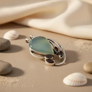 Collar con Colgante de Calcedonia y Plata 925 para Mujer, Diseño Geométrico con Patrón Animal, Rodio con Circonita, Diamante y Perla - Perfecto - Product Image 2