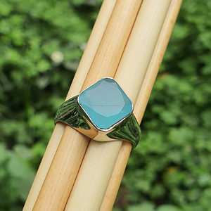 Bague de fiançailles de mariage classique en argent sterling 925 avec calcédoine bleue de taille carrée pour homme, cadeau en vrac en plaqué or - Product Image 2
