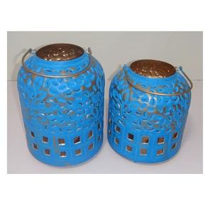 Lanterne marocaine en métal bleu vintage, porte-bougie décoratif, lanternes suspendues pour jardin, patio et décoration intérieure, porte-bougie en métal - Product Image 1