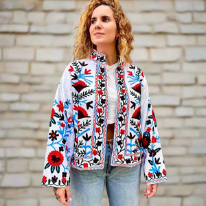 Chaqueta Suzani bordada floral de algodón transpirable teñida para mujer étnica Bohemia con estilo elegante - Product Image 5