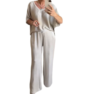 Women's <b>Green</b> <b>Silk</b> Satin V-Neck Two-Piece Set Loose Fit Casual Wide Leg Pants With Pockets Summer Wear - Product Image 6