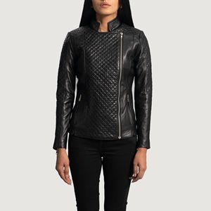 Chaqueta de motorista de piel de oveja auténtica para mujer, cremallera de anilina, grano de Oriente acolchado con forro de viscosa, negro por fuera - Product Image 1