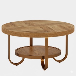 Mesa de Centro Redonda para Sala de Estar, Estilo Rústico, con Estante de Almacenamiento, Tapa de Madera Vintage y Patas de Metal Gris Resistentes - Product Image 6