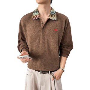 High Quality Customized Men's Autumn <b>Winter</b> Sweater Casual Warm Comfortable Ribbed Knit Solid Brown Lapel Front Anti-Shrink - Product Image 1