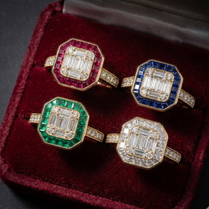 Bague de fiançailles rétro en rubis vintage, or jaune massif 18 carats, grappe de diamants carrés baguette avec carte d'assurance qualité - Product Image 1