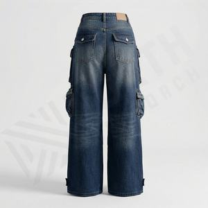 Custom Women <b>Vintage</b> Acid Wash Cargo Denim Jeans High Waist Zipper Fly Loose Fit 100% Cotton Flat Front Style Fashion <b>Trousers</b> - Product Image 2