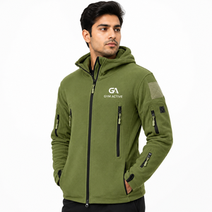 Veste en toile polaire à capuche pour homme GYM ACTIVE, vert olive, fermeture éclair intégrale, coupe-vent, décontractée, pour l'hiver et les activités de plein air - Product Image 3