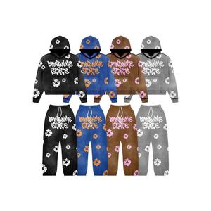 Custom Sun Faded chándal Vintage desgastado bordado parche apliques pantalones y borde cortado Raw Hem Hoodie Set Suit - Product Image 5