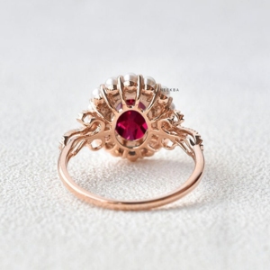 Bague de rubis et de perles antiques Style Art déco forme ovale rubis de laboratoire 10K bague de fiançailles en or massif bague Vintage faite à la main - Product Image 5