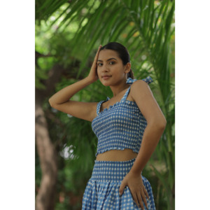 Women's Indian Hand Block <b>Check</b> Print Cotton Boho Top <b>Skirt</b> Set Summer Crop Top <b>Skirt</b> Matching Set Adjustable Tie Straps One - Product Image 5