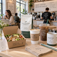 AT PACK Fournitures personnalisées pour cafés avec des sachets de café de 250 g, des gobelets en papier de 8 oz et 12 oz, des gobelets en PET de 16 oz et des emballages alimentaires