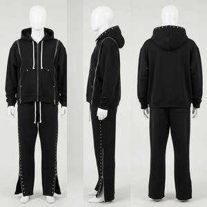 Unisex Black Hooded Tracksuit Set Full Length Zipper <b>Sweatshirt</b> Joggers Solid Color Casual Autumn Wear Breathable 100 Polyester - Product Image 1