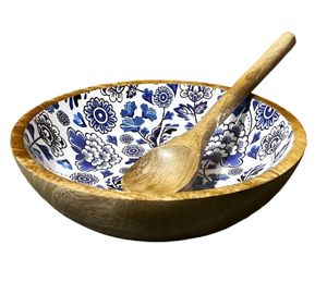 Indigo Bloom Bowl Ensaladera o madera con pinzas para servir Grande para frutas Cereales o Pasta Juego de cuencos grandes para mezclar - Product Image 5