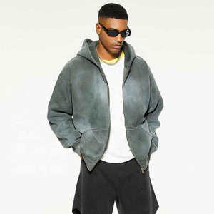 Sudadera con capucha y cremallera de algodón 100% lavado ácido Unisex, ropa de calle de invierno de gran tamaño, logotipo personalizado, bordado 3D, estampado Digital teñido liso - Product Image 2