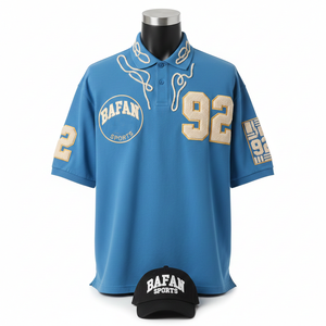 Polo pour homme 230 GSM Polyester Coton Piqué Bleu Texture lisse avec logo brodé en chenille Chemises pour homme polo t-shirt - Product Image 1