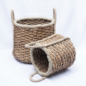 Juego de Cestas de Almacenamiento de Jacinto de Agua Natural y Pasto Marino, Macetas Cilíndricas con Asa Trenzada, Decoración Artística para el Hogar - Product Image 1