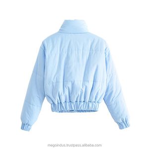 Women Winter Solid Color Quilted Pockets Parkas Short Puffer Jacket Long Sleeve Stand Collar Zip up Cropped Bubble Coat - Product Image 6