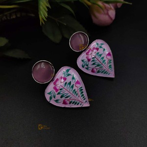 Silver Replica Earring Sliver <b>Oxidized</b> Hand Painted Earrings With Monalisa Stone Girls Wear Casual Party Wear and Gifted - Product Image 1