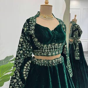 Lahenga Choli de viscosa y terciopelo con estampado de leopardo, largo hasta el suelo, estilo dulce, cintura natural, bordado a máquina. - Product Image 1
